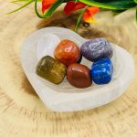 Selenite Heart Shape Charging Bowl With 7 Chakra Tumbled Stone & Velvet Pouch | Chakra Activator | Crystal Cleansing Bowl | Reiki