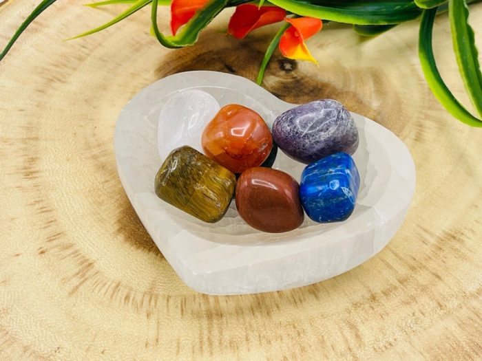 Selenite Heart Shape Charging Bowl With 7 Chakra Tumbled Stone & Velvet Pouch | Chakra Activator | Crystal Cleansing Bowl | Reiki