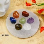 7 Chakra Tumbled Stones Set With Velvet Pouch and Selenite Round Charging Plate | Polished Stones | Chakra Healing Crystals