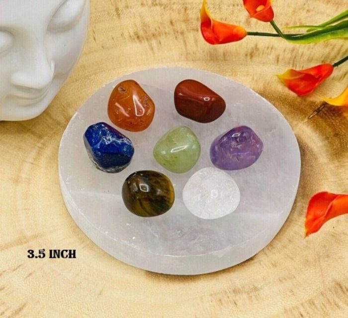 7 Chakra Tumbled Stones Set With Velvet Pouch and Selenite Round Charging Plate | Polished Stones | Chakra Healing Crystals