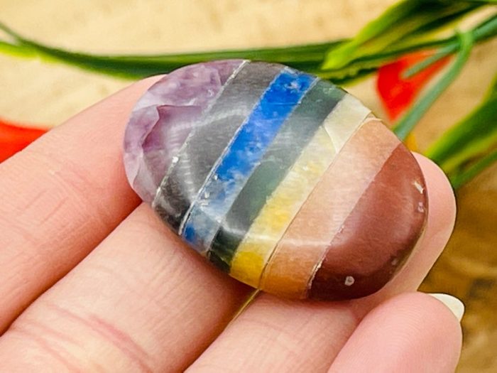 7 Chakra Bonded Smooth Stone | Hand Polish Chakra Palm Stone | Chakra Healing Crystals | Reiki Stone | Metaphysical | Pocket Stone