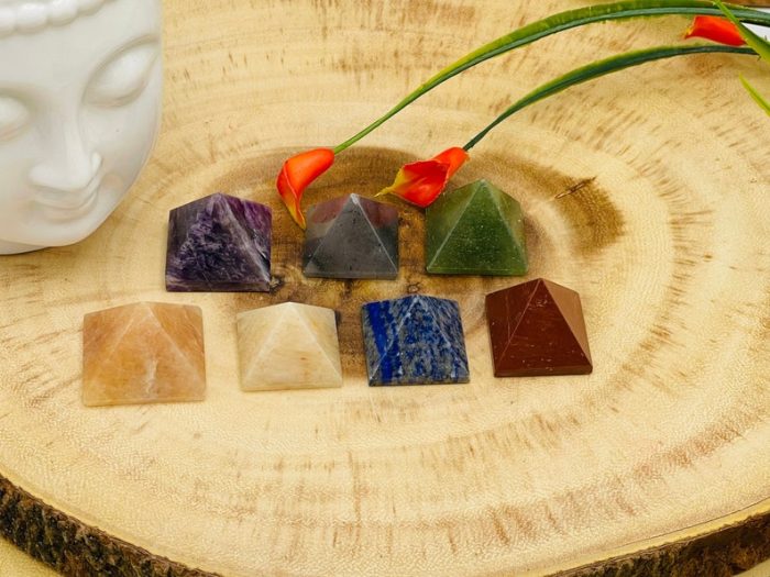 7 Pyramid Stone Set with Engraved Chakra Sign on Bottom | Chakra Healing Pyramid Crystal | Reiki Chakra | Pocket Stones | Chakra Pointer