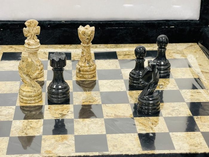 Onyx and Marble Full Chess Game Set | Chess Board Game With Fancy Velvet Gift Box | Coffee & Black Onyx and Marble Chess Set | 12 x 12 inch