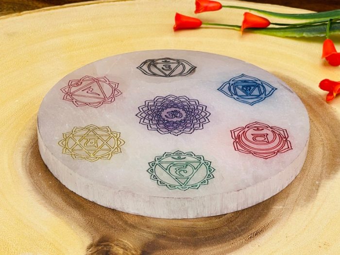 Selenite Charging Station Etched Plate With 7 Chakra Colored Signs | Charging Plate | Chakra Activator | Reiki | Crystal Cleanser | 4 inch