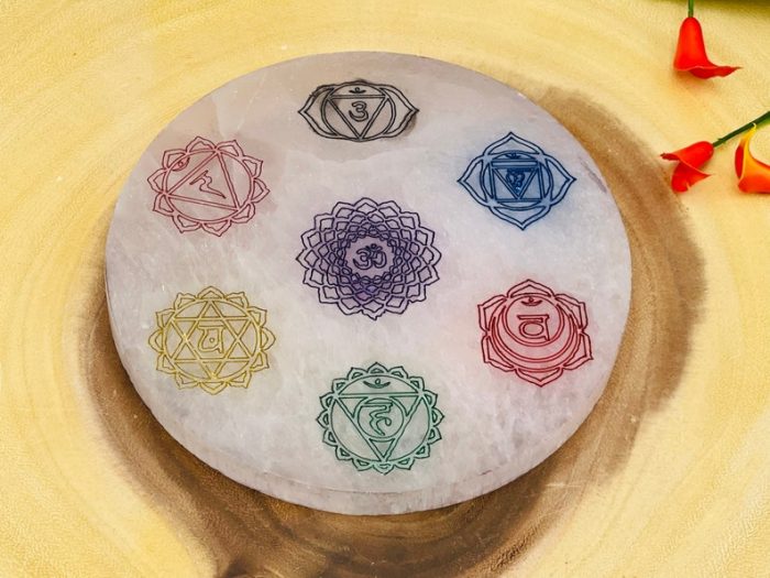 Selenite Charging Station Etched Plate With 7 Chakra Colored Signs | Charging Plate | Chakra Activator | Reiki | Crystal Cleanser | 4 inch