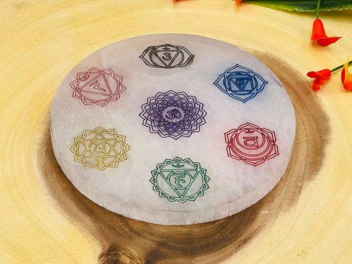 Selenite Charging Station Etched Plate With 7 Chakra Colored Signs | Charging Plate | Chakra Activator | Reiki | Crystal Cleanser | 4 inch