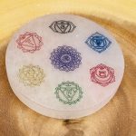 Selenite Charging Station Etched Plate With 7 Chakra Colored Signs | Charging Plate | Chakra Activator | Reiki | Crystal Cleanser | 4 inch