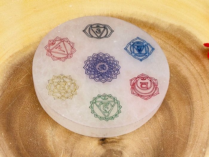 Selenite Charging Station Etched Plate With 7 Chakra Colored Signs | Charging Plate | Chakra Activator | Reiki | Crystal Cleanser | 4 inch