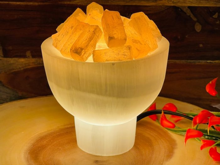 Selenite Crystal Bowl Lamp with Chunks | White & Orange Selenite Crystal Lamp | Dimmer Switch | Calming and Soothing Environment