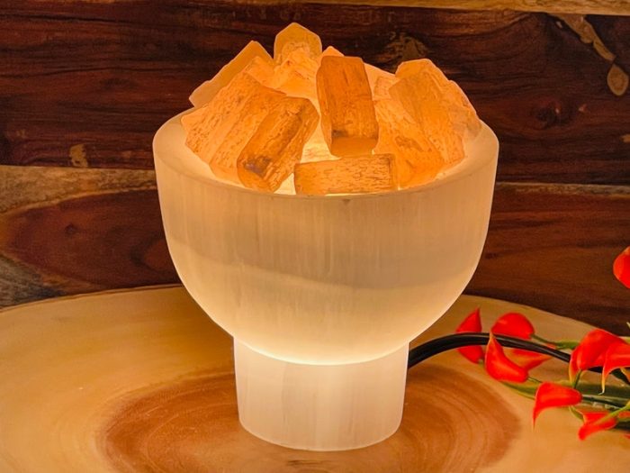 Selenite Crystal Bowl Lamp with Chunks | White & Orange Selenite Crystal Lamp | Dimmer Switch | Calming and Soothing Environment