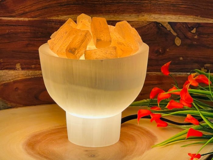 Selenite Crystal Bowl Lamp with Chunks | White & Orange Selenite Crystal Lamp | Dimmer Switch | Calming and Soothing Environment