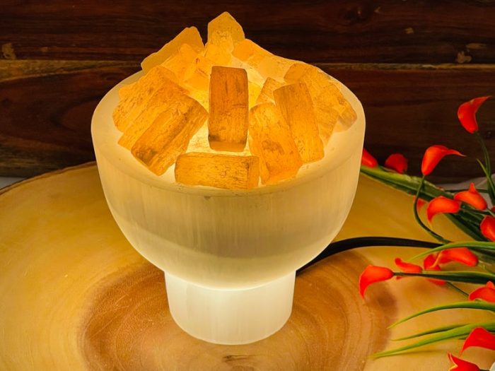 Selenite Crystal Bowl Lamp with Chunks | White & Orange Selenite Crystal Lamp | Dimmer Switch | Calming and Soothing Environment