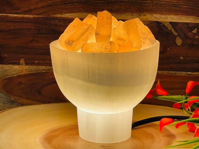 Selenite Crystal Bowl Lamp with Chunks | White & Orange Selenite Crystal Lamp | Dimmer Switch | Calming and Soothing Environment