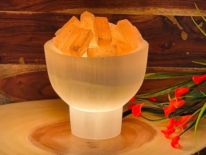 Selenite Crystal Bowl Lamp with Chunks | White & Orange Selenite Crystal Lamp | Dimmer Switch | Calming and Soothing Environment