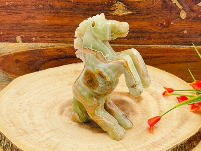 Multi Green Banded Onyx Flying Horse Figurine | Crystal Animal Standing Statuette | Metaphysical Healing Crystal | Sacred Animal | 6"