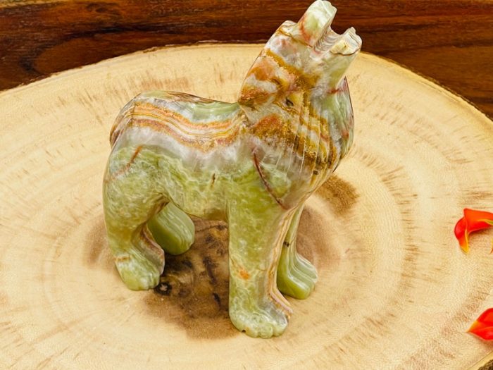 Multi Green Banded Onyx Howling Wolf Figurine | Crystal Carving Standing Statuette | Reiki Metaphysical Healing Crystal | Sacred Animal | 6"