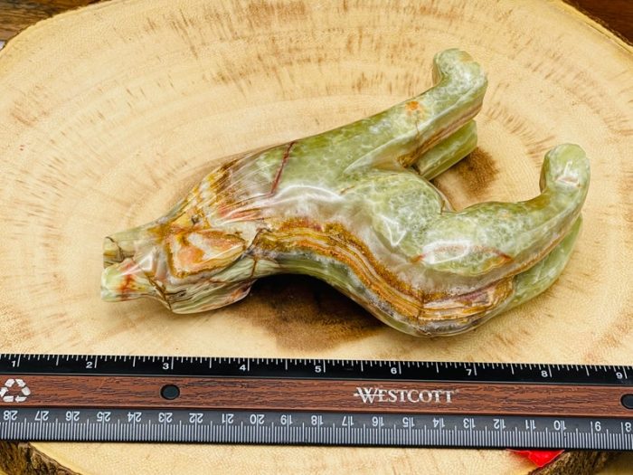 Multi Green Banded Onyx Howling Wolf Figurine | Crystal Carving Standing Statuette | Reiki Metaphysical Healing Crystal | Sacred Animal | 6"