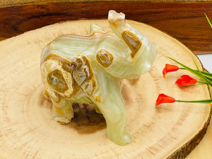 Multi Green Banded Onyx Elephant Figurine | Crystal Animal Standing Statuette | Metaphysical Healing Crystal Decor | Sacred Animal | 6"