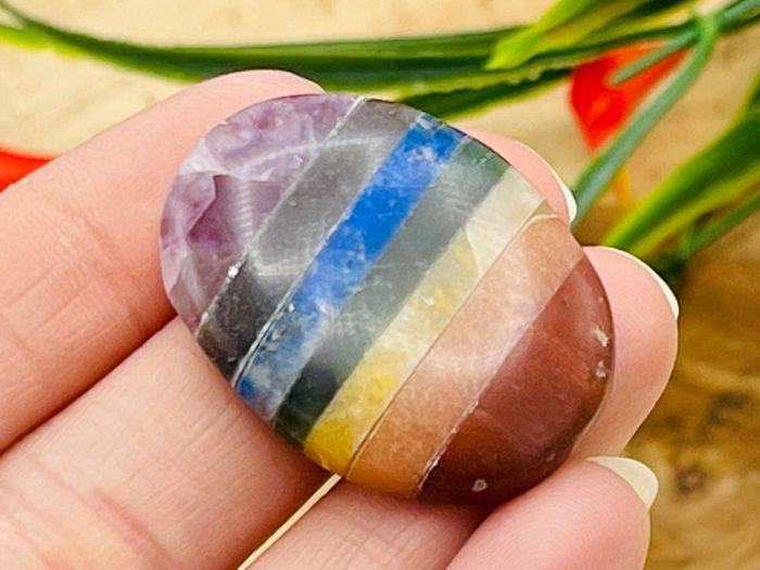 7 Chakra Bonded Smooth Stone | Hand Polish Chakra Palm Stone | Chakra Healing Crystals | Reiki Stone | Metaphysical | Pocket Stone