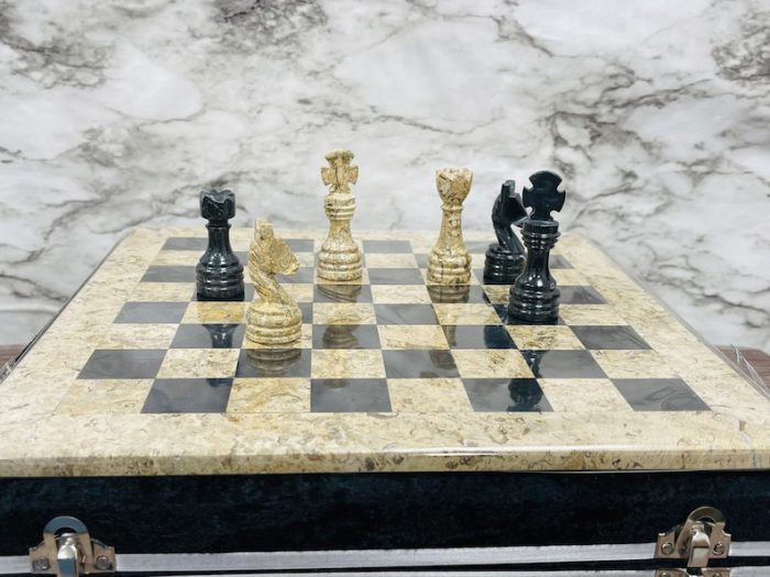 Onyx and Marble Full Chess Game Set | Chess Board Game With Fancy Velvet Gift Box | Coffee & Black Onyx and Marble Chess Set | 12 x 12 inch