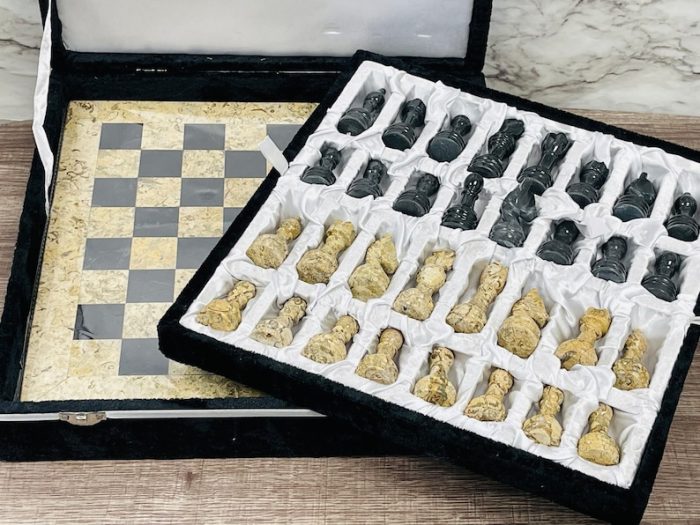 Onyx and Marble Full Chess Game Set | Chess Board Game With Fancy Velvet Gift Box | Coffee & Black Onyx and Marble Chess Set | 12 x 12 inch