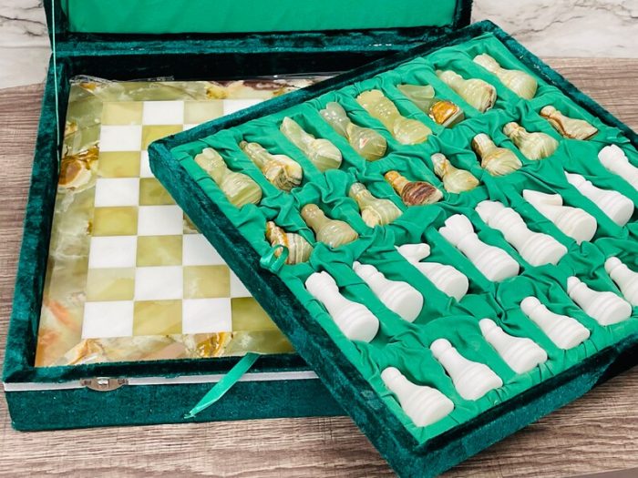 Onyx & Marble Full Chess Game Set | Chess Board Game With Fancy Velvet Gift Box | Green and White Onyx and Marble Chess Set | 12 x 12 inch