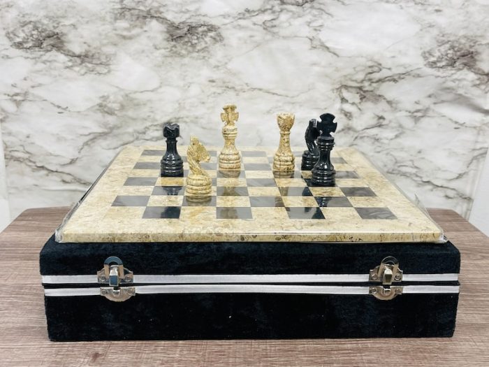 Onyx and Marble Full Chess Game Set | Chess Board Game With Fancy Velvet Gift Box | Coffee & Black Onyx and Marble Chess Set | 12 x 12 inch