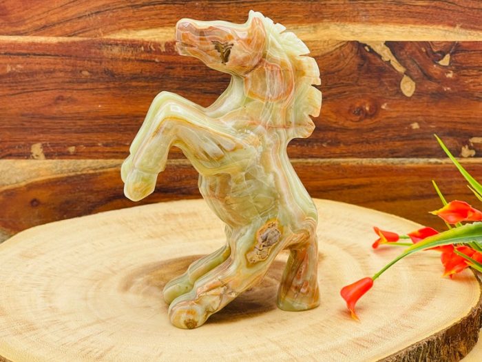 Multi Green Banded Onyx Flying Horse Figurine | Crystal Animal Standing Statuette | Metaphysical Healing Crystal | Sacred Animal | 6"