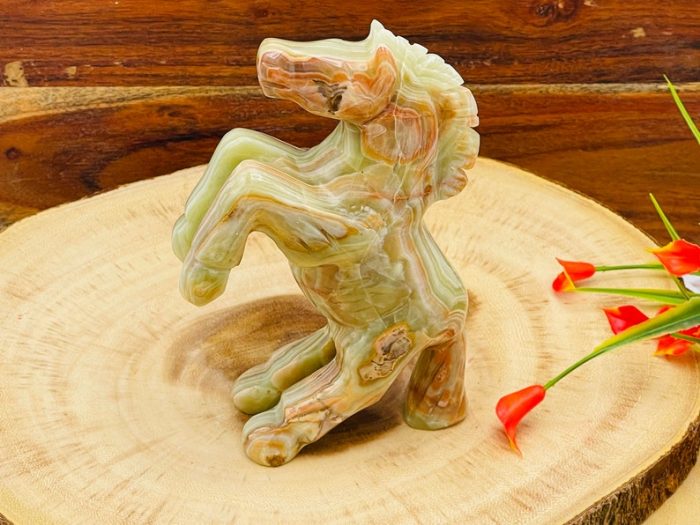 Multi Green Banded Onyx Flying Horse Figurine | Crystal Animal Standing Statuette | Metaphysical Healing Crystal | Sacred Animal | 6"