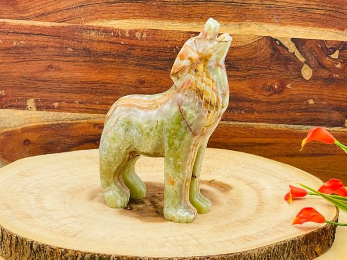 Multi Green Banded Onyx Howling Wolf Figurine | Crystal Carving Standing Statuette | Reiki Metaphysical Healing Crystal | Sacred Animal | 6"