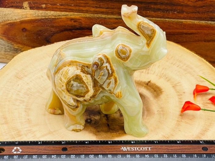 Multi Green Banded Onyx Elephant Figurine | Crystal Animal Standing Statuette | Metaphysical Healing Crystal Decor | Sacred Animal | 6"