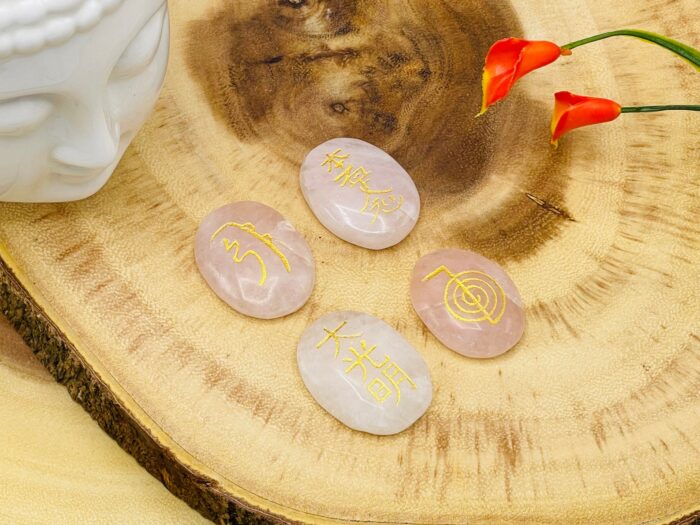 Set of 4 Rose Quartz Smooth Stone with Engraved Reiki Symbols | Rose Quartz Pocket Stone | Heart Chakra | Metaphysical Reiki Palm Stone