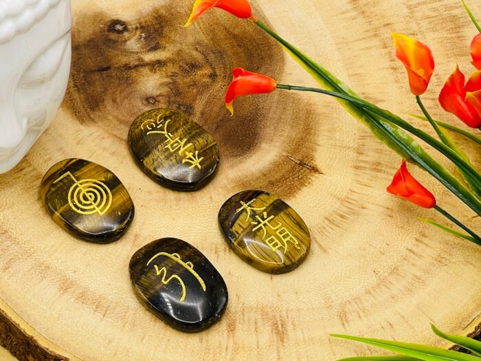 Set of 4 Tiger Eye Crystal Smooth Stone with Engraved Reiki Symbols | Tiger Eye Pocket Stone | Heart Chakra | Metaphysical Reiki Palm Stone