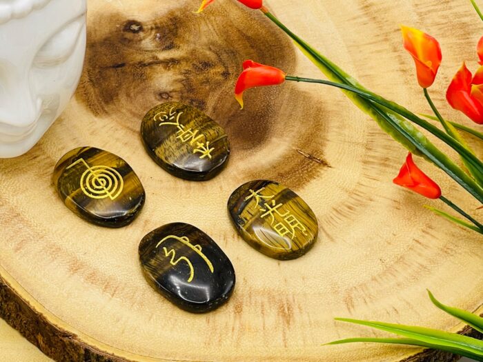 Set of 4 Tiger Eye Crystal Smooth Stone with Engraved Reiki Symbols | Tiger Eye Pocket Stone | Heart Chakra | Metaphysical Reiki Palm Stone