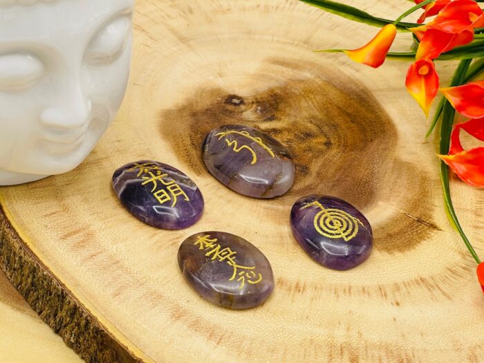 Set of 4 Amethyst Crystal Smooth Stone with Engraved Reiki Symbols