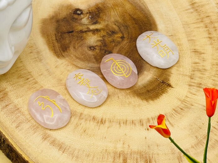 Set of 4 Rose Quartz Smooth Stone with Engraved Reiki Symbols | Rose Quartz Pocket Stone | Heart Chakra | Metaphysical Reiki Palm Stone