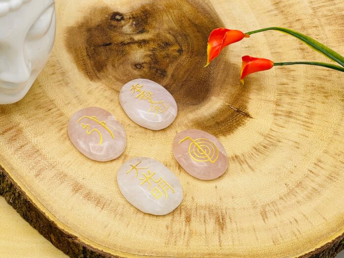 Set of 4 Rose Quartz Smooth Stone with Engraved Reiki Symbols