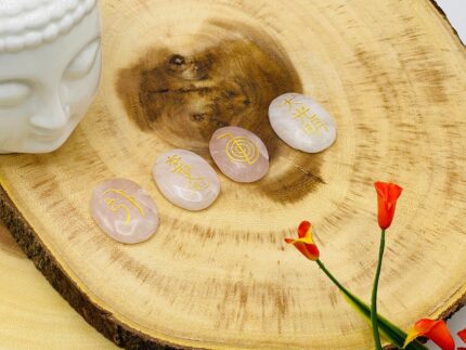 Set of 4 Rose Quartz Smooth Stone with Engraved Reiki Symbols