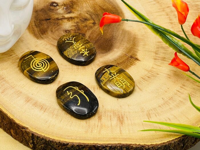 Set of 4 Tiger Eye Crystal Smooth Stone with Engraved Reiki Symbols