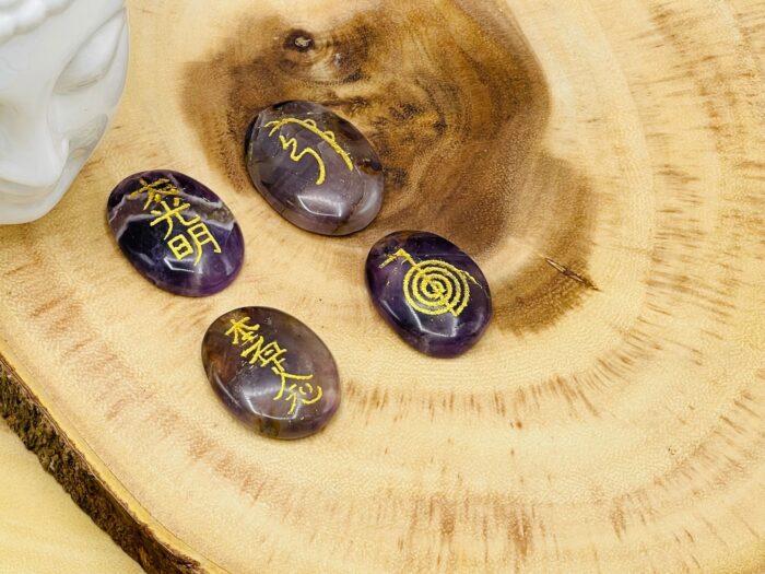 Set of 4 Amethyst Crystal Smooth Stone with Engraved Reiki Symbols