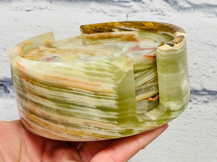 Banded Green Onyx Coaster Set of 4 with Holder, Anti Scratch Surface Protection Pad, Detergent Safe & Easy to Clean, Healing Crystal