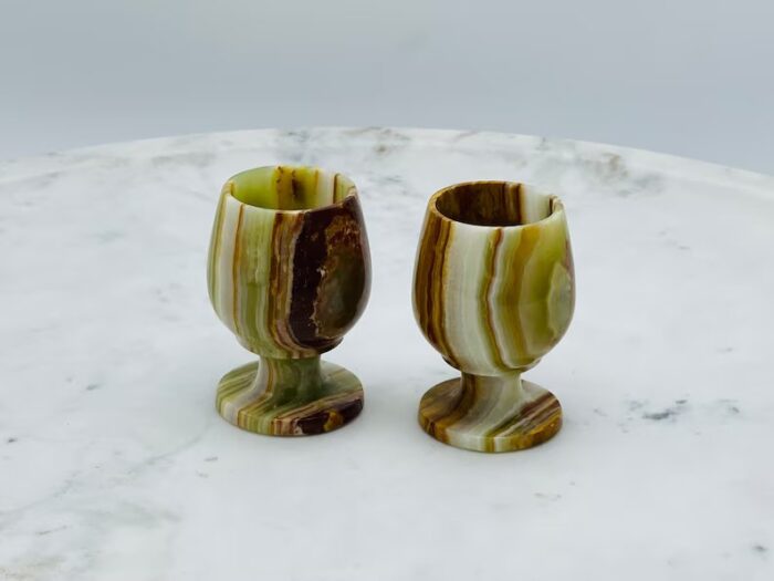 Banded Green Onyx Sherry Glasses, Wine Glasses, Goblet Glassware, Decorative & Drinking Glasses, Detergent Safe, 3" Height x 2" Width 1.3 OZ