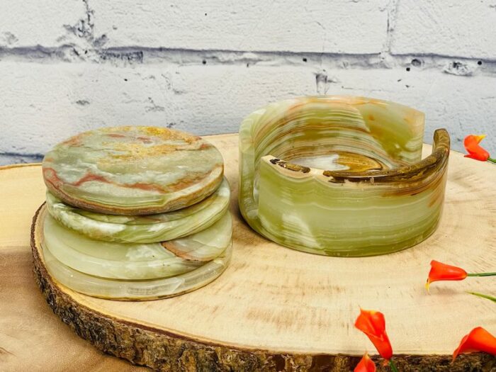 Banded Green Onyx Coaster Set of 4 with Holder, Anti Scratch Surface Protection Pad, Detergent Safe & Easy to Clean, Healing Crystal