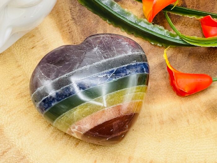 7 Chakra Bonded Heart Stone, Rainbow Heart Palm 2" inch