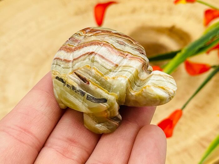 Banded Green Onyx Turtle Figurine, Green Onyx Crystal Turtle Carving, Sacred Animal 2 inch