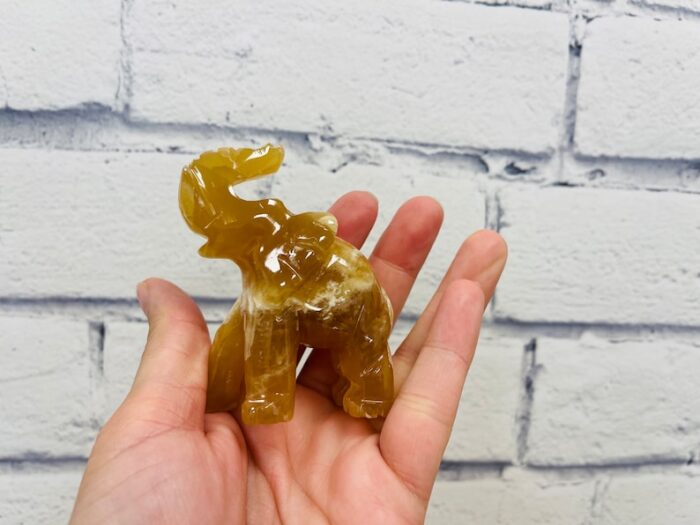 Honey Calcite Elephant Figurine, Crystal Animal Standing Statuette, Sacred Animal 3"