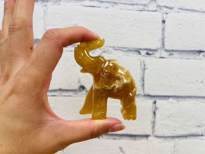 Honey Calcite Elephant Figurine, Crystal Animal Standing Statuette, Sacred Animal 3"