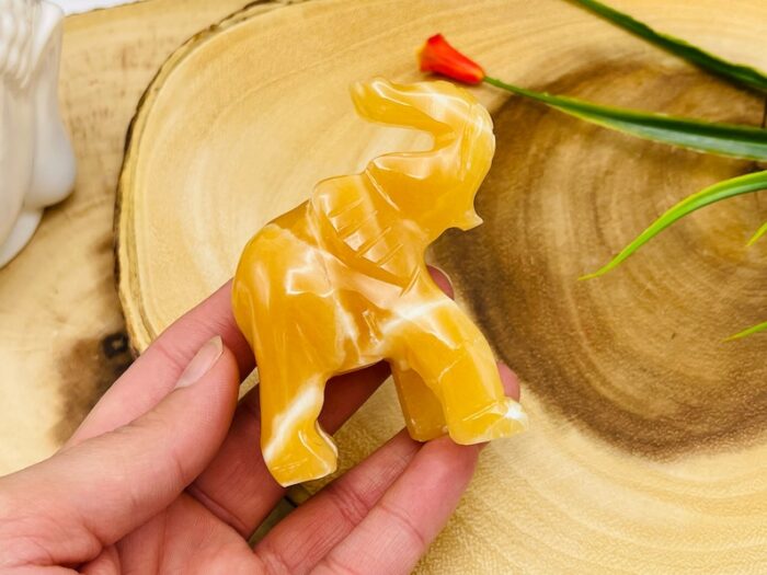 Orange Calcite Elephant Figurine, Yellow Calcite Animal Caving, Sacred Animal 3 inch