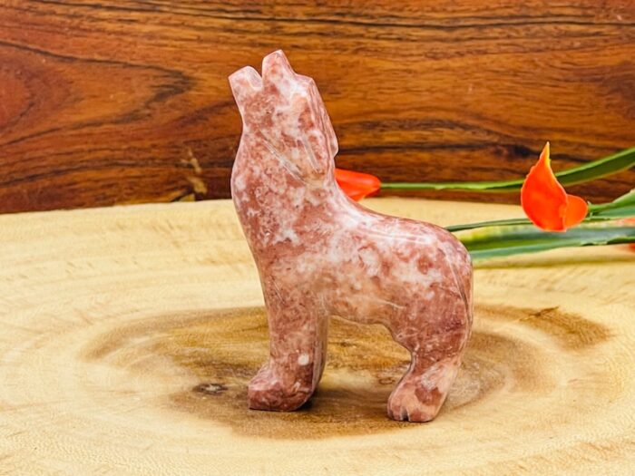 Strawberry Pink Onyx Howling Wolf Figurine, Crystal Carving Standing Statuette, Reiki Metaphysical Healing Crystal, Sacred Animal 3 Inch