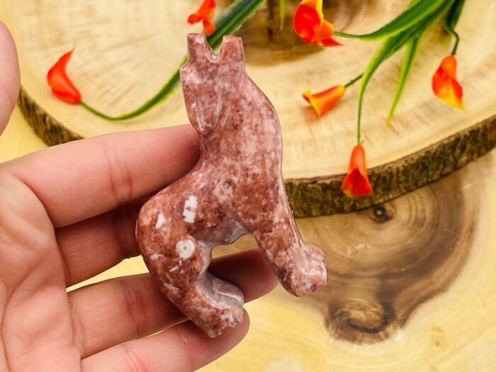 Strawberry Pink Onyx Howling Wolf Figurine, Crystal Carving Standing Statuette, Reiki Metaphysical Healing Crystal, Sacred Animal 3 Inch